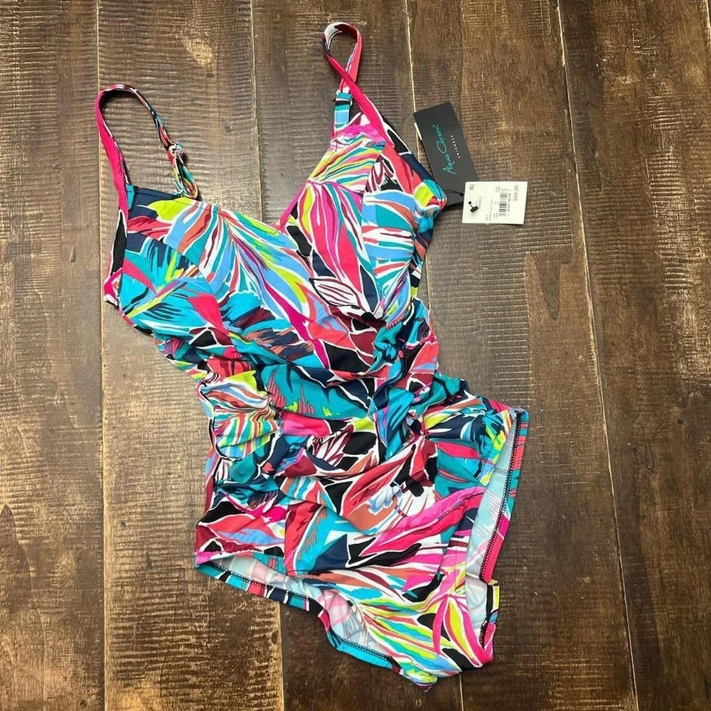 Aqua Green Tropical Print Shirred Side Seams V-Neck 1 Piece Swimsuit